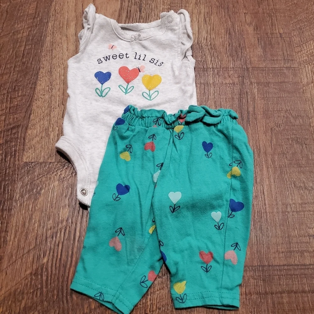 Carters Cotton Matching Heart Flowers Green Gray Little Sister Bodysuit Pants NB